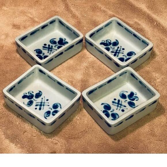 Vintage German Cobalt Blue Gray Salt Glazed Set of 4 Rectangular Bowls (1920s) - Picture 1 of 5